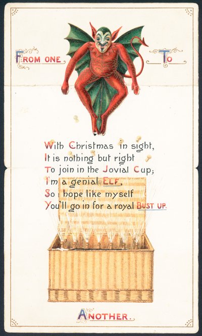 Diable rouge et panier en osier, Carte de Noël - English School