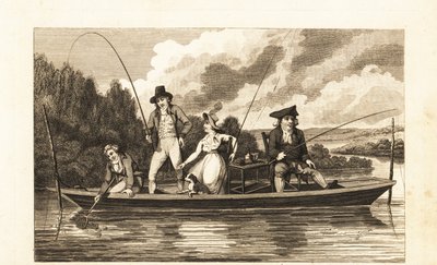 Gentlemen et dame de la Régence pêchant sur une barque sur la Tamise - English School