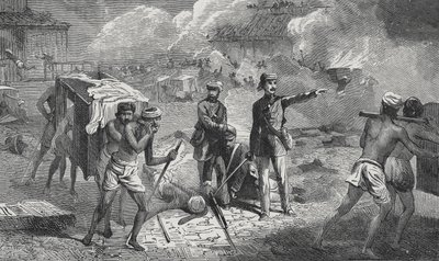 Évacuation des malades et des blessés à Lucknow de la résidence à la Dilkoosha dans les environs de la ville - English School