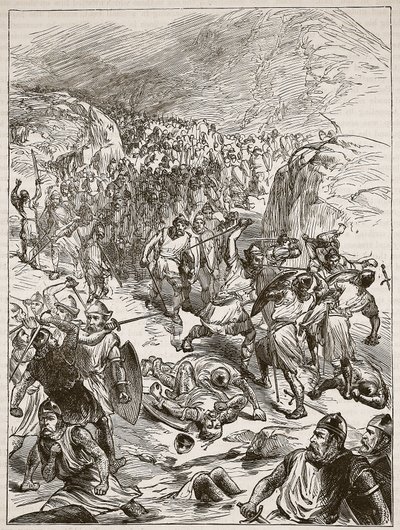 Repousse des Anglais à Corwen, illustration de Cassells Illustrated History of England - English School