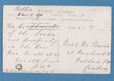 Dos de la carte postale des joueurs de Bolton Wanderers FC, 1911-12 - English School
