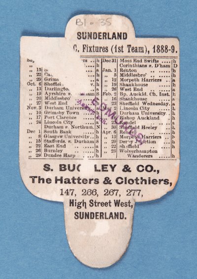 Verso de Ne Peut Pas Être Battu. Jouez Sunderland. Chapeaux Buckleys - English School
