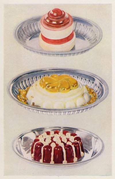 Gelée ruban ; Pudding Vénus ; Gelée de vin et crème (lithographie en couleur) - English School