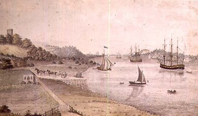 Paysage fluvial avec navigation et le Carrosse de Douvres, c.1800 - English School