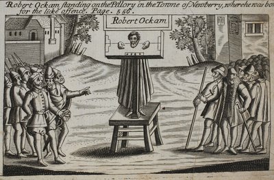 Robert Ockam sur le pilori dans la ville de Newberry, où il est né, illustration des Actes et Monuments de John Foxe, neuvième édition, pub. 1684 - English School