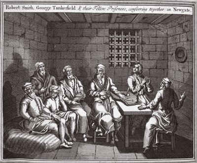 Robert Smith, George Tankerfield et leurs compagnons de prison, se conférant ensemble à Newgate, illustration des Martyrs de Foxe vers 1703 - English School
