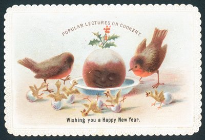 Rouges-gorges et poussins regardant un pudding aux prunes souriant - English School