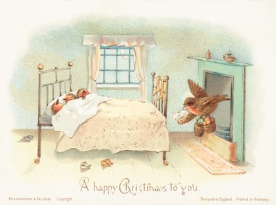 Rouges-gorges endormis dans un lit, carte de Noël - English School