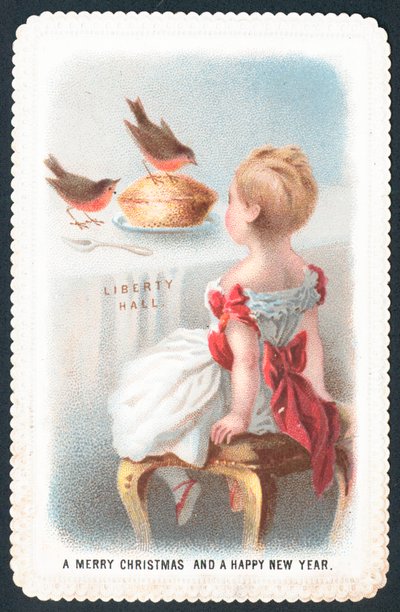Rouges-gorges picorant une tarte, Carte de Noël - English School