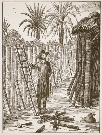 Robinson Crusoé construisant son berceau, illustration de L