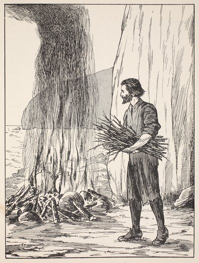 Robinson Crusoé cuisinant, illustration de L