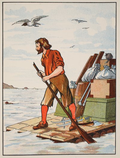Robinson Crusoé sur son radeau, illustration de L
