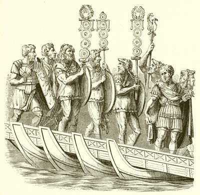Soldats romains traversant un pont de bateaux - English School
