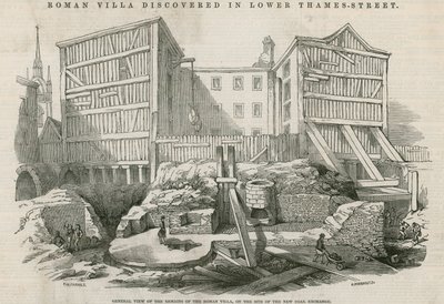 Villa romaine découverte à Lower Thames Street, Londres : Vue générale des vestiges de la villa romaine sur le site du nouveau Coal Exchange - English School