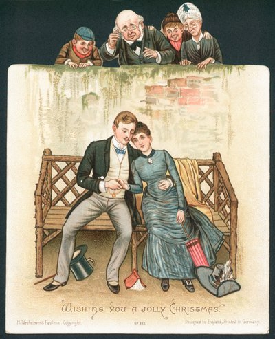 Couple romantique sur un banc observé, carte de Noël - English School