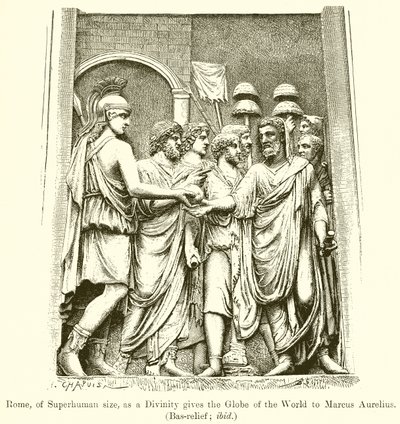 Rome, de taille surhumaine, en tant que divinité donne le globe du monde à Marc Aurèle (Bas-relief; ibid) - English School