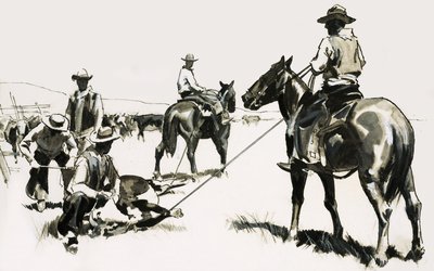 Capture et marquage du bétail dans le Far West - English School