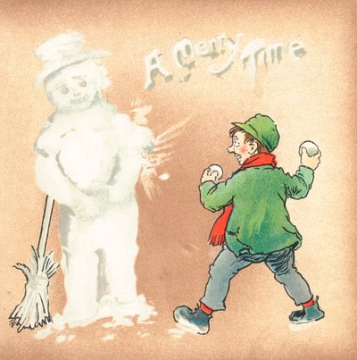 Garçon turbulent lançant des boules de neige sur un bonhomme de neige, carte de Noël - English School