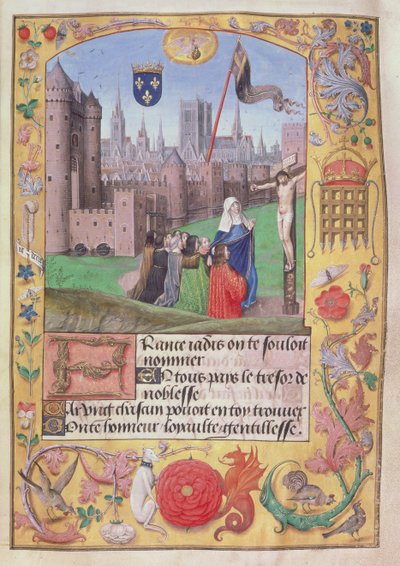 Notre Dame, Paris montrant les armes empalées, la Vierge en dessous protège neuf figures agenouillées devant la Crucifixion, des Poèmes de Charles, Duc d