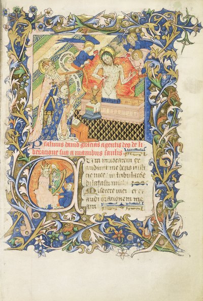 Figure couronnée soutenue par un saint à la barbe grise agenouillé devant une image de Pitié, du 