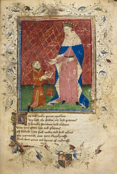 Scène de présentation avec Thomas Hoccleve offrant son livre à Henri V - English School