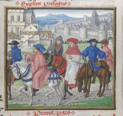 Royal 18 D. II, f.148 Fin du Prologue. John Lydgate et les pèlerins de Canterbury quittant Canterbury, illustration tirée de 