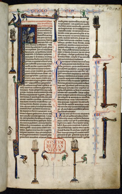 Royal 1 D I, f.1r, Jérôme, frères sur colonnes, de la Bible de William de Devon - English School