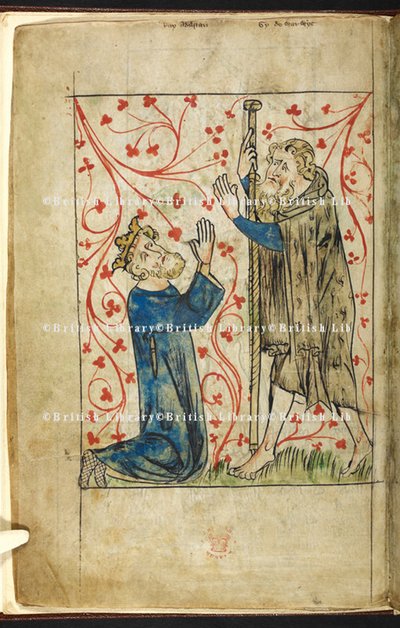 Le roi Athelstan agenouillé devant Guy de Warwick, habillé en pèlerin, illustration de la 