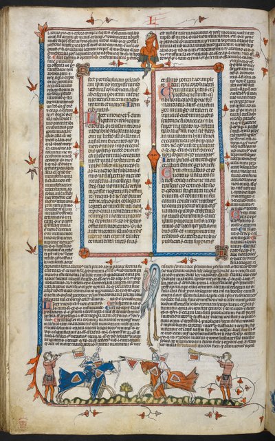 Royal MS 10 iv f.065v Chevaliers jouteurs avec décoration marginale, illustration de 