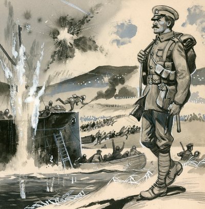 Marines royaux lors des débarquements amphibies aux Dardanelles en 1915 - English School