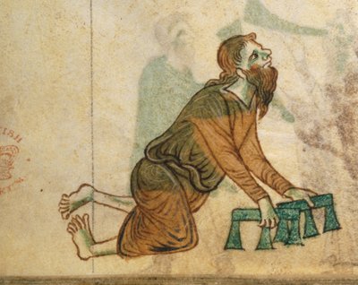 Un homme infirme rampant sur ses genoux, de 