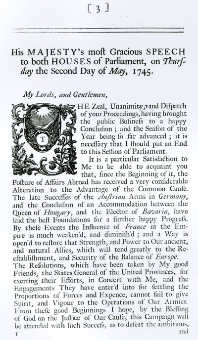 Discours royal aux deux chambres du Parlement, 2 mai 1745 (gravure) - English School