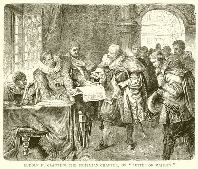 Rodolphe II accordant la Charte de Bohême, ou Lettre de Majesté - English School