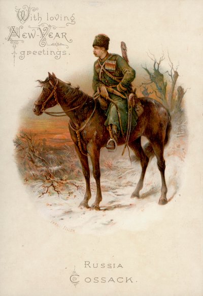 Cosaque russe à cheval : carte de vœux du Nouvel An - English School
