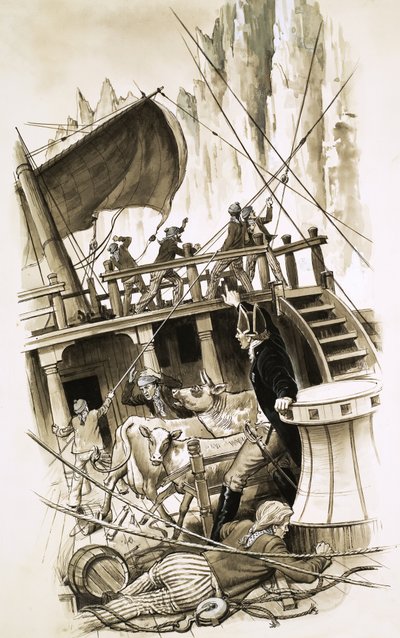 Navire à voile avec du bétail à bord - English School