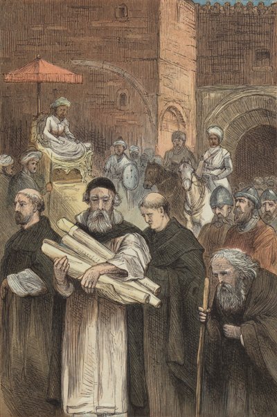 Saladin permet aux chrétiens de quitter Jérusalem (gravure en couleur) - English School