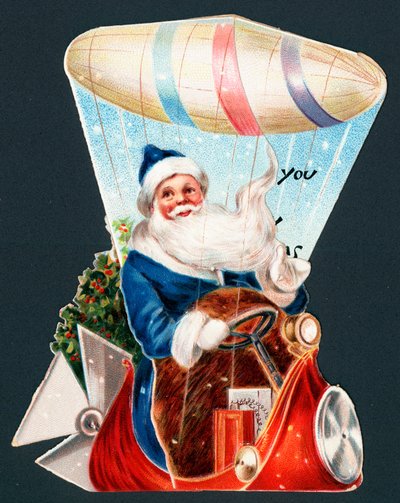 Père Noël conduisant un dirigeable, carte de Noël - English School