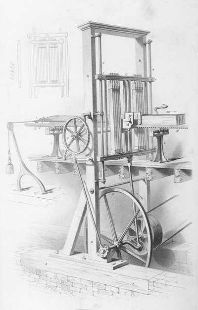 Scie dans une scierie, de Cyclopaedia of Useful Arts & Manufactures, édité par Charles Tomlinson, vers 1880 - English School