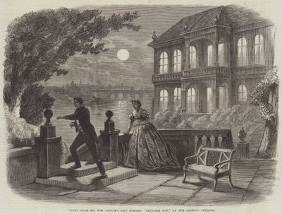 Scène de la nouvelle comédie de M. Tom Taylor, "Settling Day," au théâtre olympique - English School