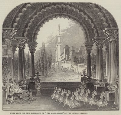 Scène de la nouvelle burlesque de "Le Cor magique," au théâtre Lyceum (gravure) - English School