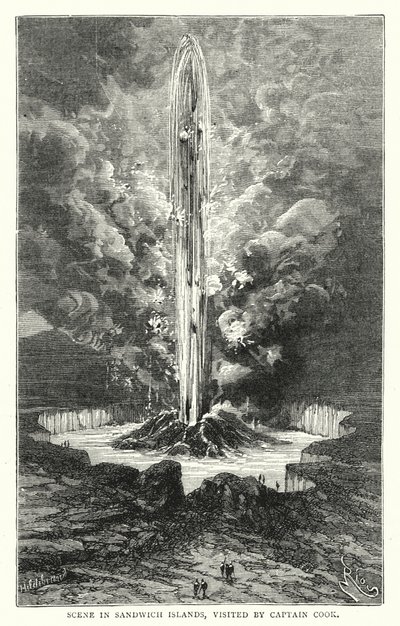 Scène aux îles Sandwich, visitées par le capitaine Cook (gravure en couleur) - English School