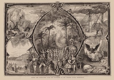 Scènes et personnages de la pantomime du Theatre Royal, Birmingham (gravure) - English School