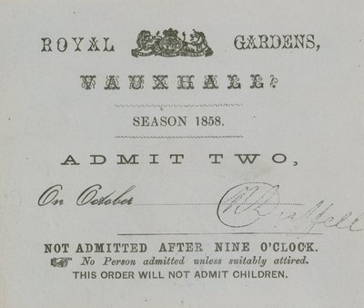 Billet de saison, jardins de Vauxhall, Londres - English School
