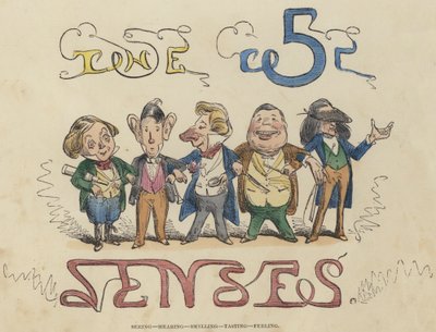Voir, Entendre, Sentir, Goûter, Toucher (gravure en couleur) - English School