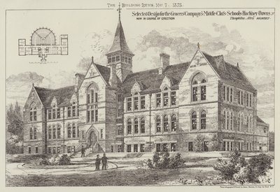 Conception sélectionnée pour les écoles de la classe moyenne de la Compagnie des épiciers, Hackney Downs, en cours de construction (gravure) - English School
