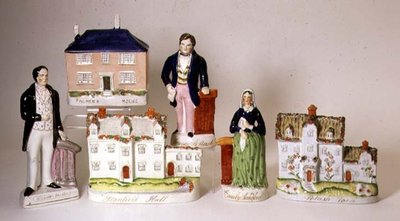 Sélection de figures titrées de Staffordshire : Stanfield Hall ; Potash Farm ; Maison de Palmer ; Emily Sandford ; James Bloomfield Rush ; William Palmer, c.1849 - English School