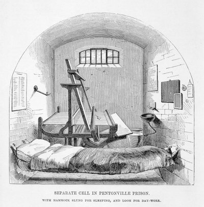Cellule individuelle à la prison de Pentonville, extrait de The Criminal Prisons of London and Scenes of Prison Life par Henry Mayhew et John Binny, 1862 - English School