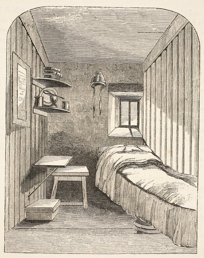 Cellule de couchage séparée dans une des nouvelles ailes de la prison pour femmes de Brixton, illustration de The Criminal Prisons of London and Scenes from Prison Life par Henry Mayhew et John Binny, pub - English School