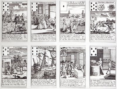 Jeu de cartes représentant des scènes satiriques des entreprises et investissements commerciaux actuels, vers 1720 - English School