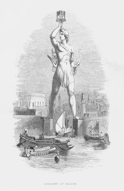 Les sept merveilles du monde antique : Colosse de Rhodes (gravure) - English School